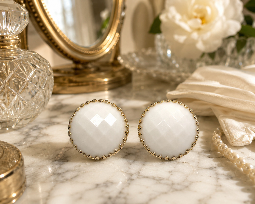 Vintage Faceted Milky White Acrylic Button Clip On Earrings Gold Tone 1.25"